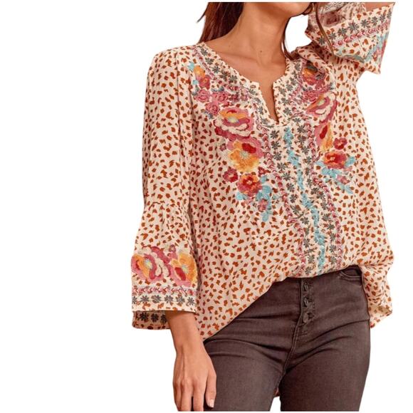 Impressions Boho Hippie Artsy Leopard Embroidered Top Cream/Camel Size S, - Picture 12 of 14
